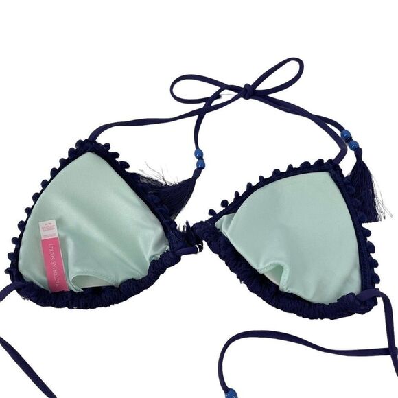 Victorias Secret Teeny Triangle Bikini Top Navy Blue Tassel Crochet Lace Size M - Picture 8 of 10